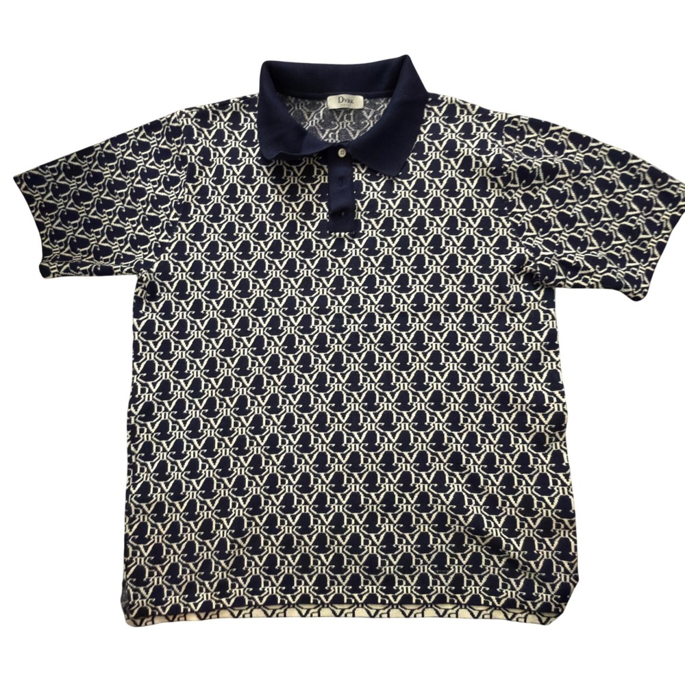 DVRK Prive Navy White Monogram Knit Polo Shirt 100% Cotton Short‎ Sleeve FF34